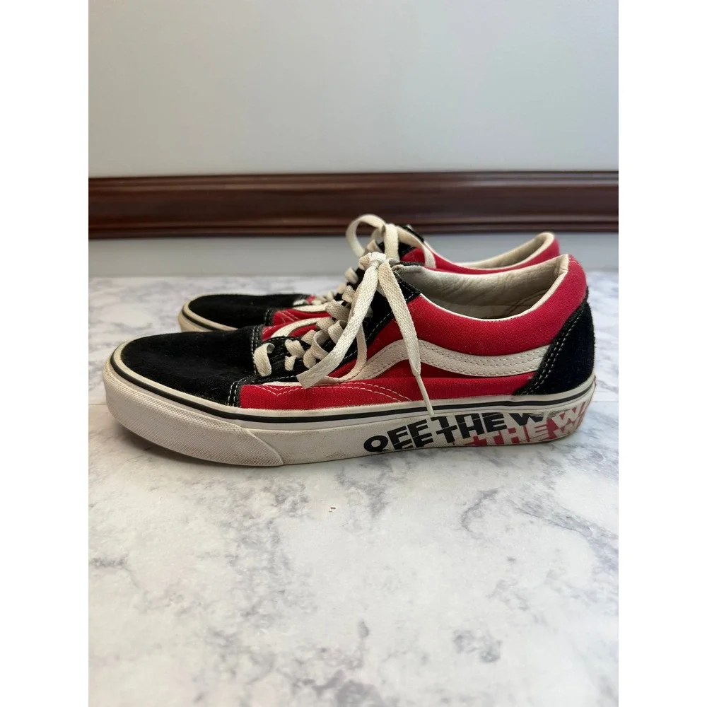 VANS Old Skool Red Black Suede Canvas Off The Wall Graphic Sneakers Mens 7.5